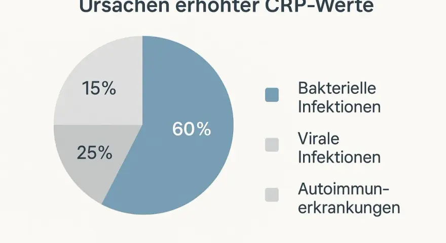 Wykres kołowy pokazuje przyczyny podwyższonego CRP: 60% infekcje bakteryjne, 25% wirusowe, 15% choroby autoimmunologiczne. CRP co to?