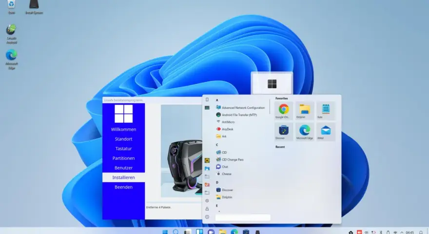 Linuxfx Installationsprogramm mit Android-Optionen, das auf einem Windows 11-Desktop läuft. Ein Fenster zeigt "Android File Transfer (MTP)" und andere Programme.