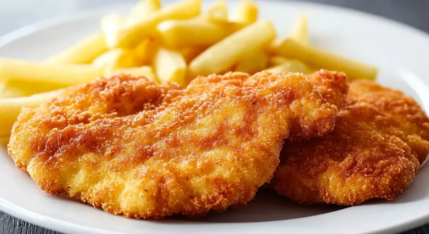 Due cotolette di pollo dorate e croccanti, accompagnate da patatine fritte, su un piatto bianco.