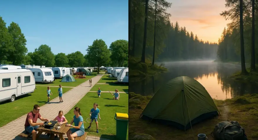 Dwa oblicza campingu: rodzinny wypoczynek na kempingu z przyczepami i samotny nocleg w namiocie nad jeziorem o wschodzie słońca.