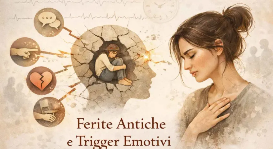 Una donna con la mano sul cuore, mentre dentro la sua testa si frantuma, evocando il pensare di aver fatto cose non fatte.
