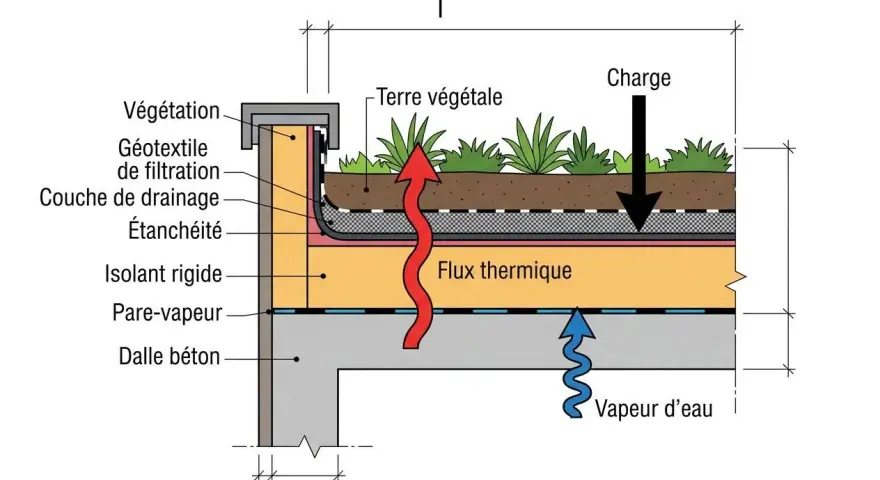 Coupe d'un toit végétalisé : terre végétale, géotextile, drainage, étanchéité, isolant rigide. Laine végétale pour isolation thermique.