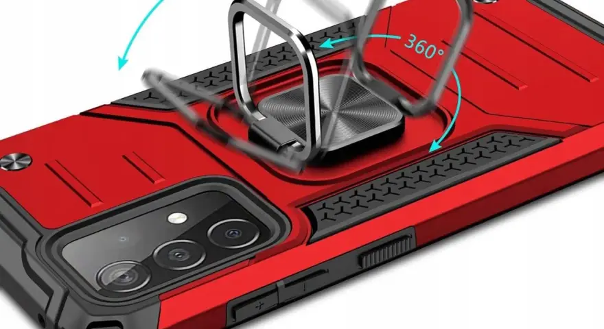 Czerwone etui na Xiaomi Mi 10T Pro z metalowym pierścieniem obracanym o 180° i 360°.