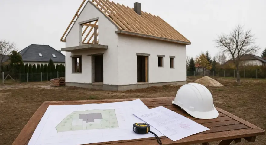 Na stole leżą plany i biały kask. W tle buduje się dom bez pozwolenia, widać jego szkielet i białe ściany.