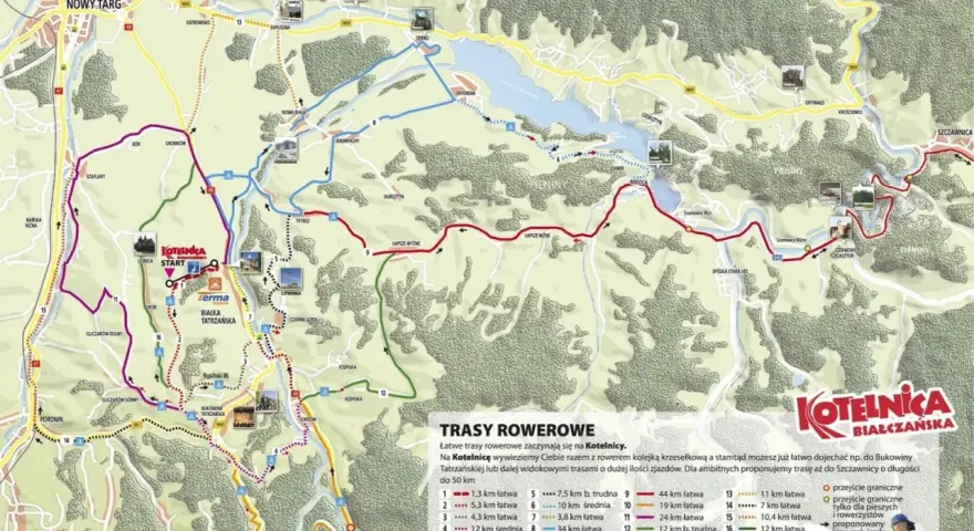 Mapa tras rowerowych i pieszych w Białce Tatrzańskiej. Kotelnica oferuje łatwe trasy, idealne na rodzinne wycieczki.