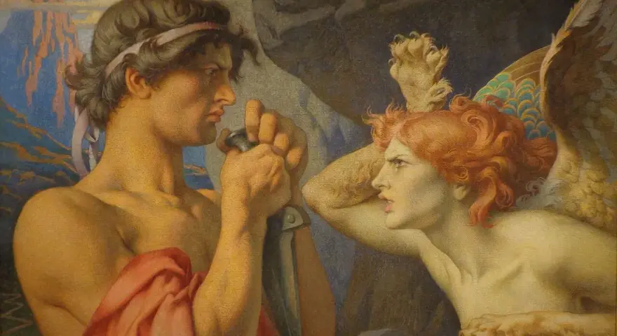 Oedyp i Sfinks w scenie z mitu o rodzie Labdakidów, inspirowanej mitologią Parandowskiego.