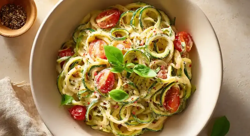 Zucchini-Spaghetti mit cremiger Sauce, Kirschtomaten und Basilikum. Ein leichtes Gericht, das sich perfekt zum Kochen oder Braten eignet.