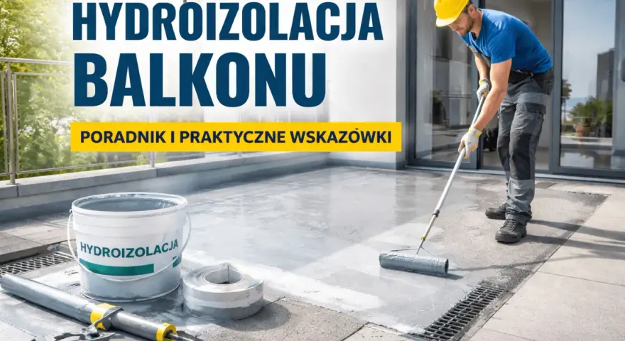 Fachowiec wykonuje izolację balkonu, używając wałka do rozprowadzenia masy. Na pierwszym planie wiadro z napisem "HYDROIZOLACJA".