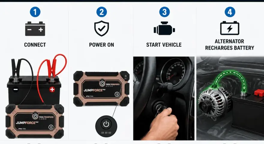 A portable jump starter can start a completely dead battery by connecting, powering on, starting the vehicle, and then the alternator recharges the battery.