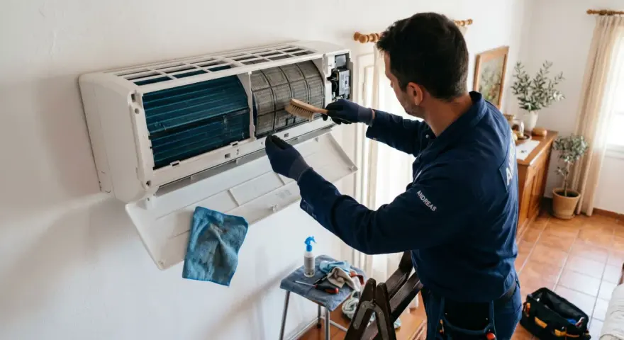 Técnico realiza revisión de aire acondicionado, limpiando filtros con cepillo.