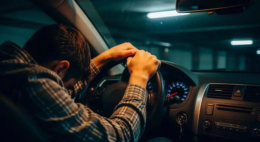 Mann mit Kopf auf Lenkrad, verzweifelt. Fahren ohne Versicherungsschutz strafe droht. Dunkle Garage, gedämpftes Licht.