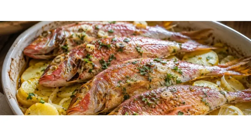 Cuatro salmonetes al horno, dorados y jugosos, reposan sobre patatas laminadas y rodajas de limón en una fuente blanca.