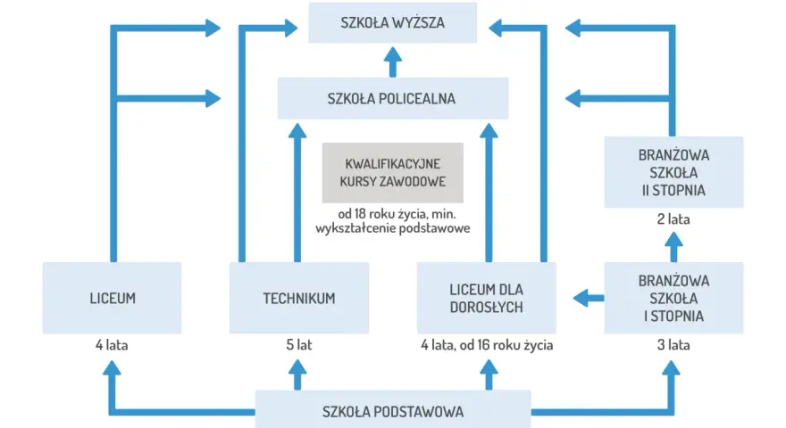 Schemat pokazuje, jakie są szkoły średnie: liceum, technikum, branżowa I i II stopnia, liceum dla dorosłych, szkoły policealne i kursy kwalifikacyjne.