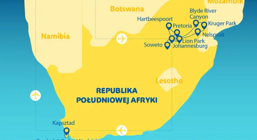 Mapa pokazuje Republikę Południowej Afryki, Botswanę, Namibię i Mozambik. Lesotho leży na południe od Johannesburga, otoczone przez RPA.