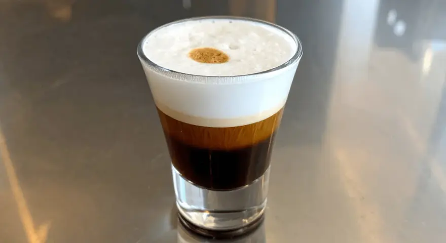 Kawa caffe coretto w szklance, z warstwami ciemnego espresso i białej pianki, ozdobiona złotą kropką.