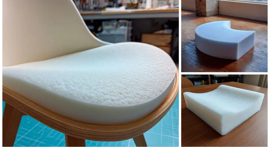 Mousse blanche pour coussin de canapé, montrant sa densité et sa forme ergonomique.