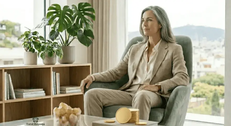 Una mujer elegante, como una reina de oros tarot amor, reflexiona sentada en un sillón, rodeada de plantas y monedas doradas.