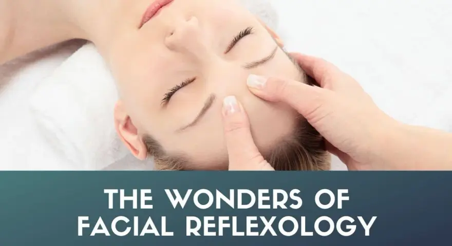 A close-up of a woman's face as gentle fingers perform facial reflexology, promoting relaxation and well-being.