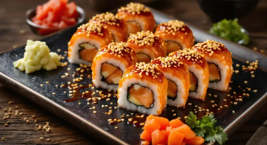 Futomaki z pieczonym łososiem, polane sosem teriyaki i posypane sezamem, prezentują się apetycznie na czarnej desce.
