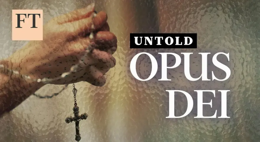 A hand holds a rosary, with the words "UNTOLD OPUS DEI" prominently displayed.