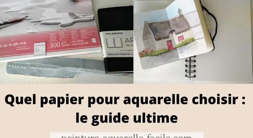 Blocs de papier et carnet de croquis ouverts sur une aquarelle. Le texte suggère : quel papier pour aquarelle choisir pour un guide ultime.