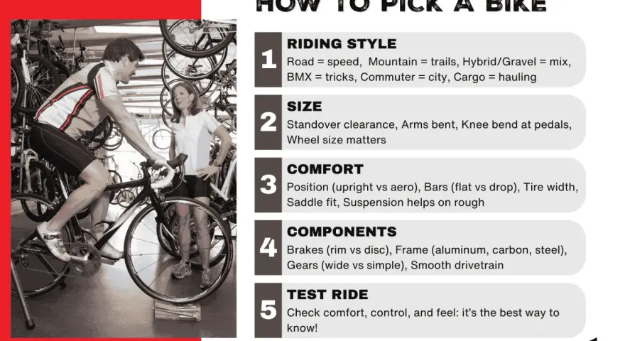 A man is trying out a mountain bike in a shop, with a woman looking on. The image is part of a guide on "How to Pick a Bike.