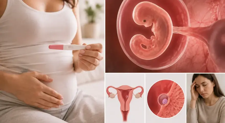 Ciąża: test pozytywny, zarodek w 7 tygodniu, macica, implantacja i kobieta z bólem głowy.