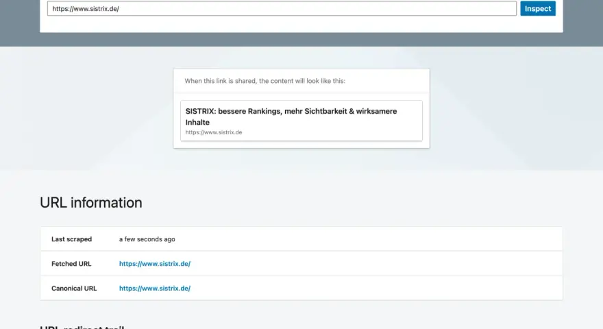 Post Inspector zeigt, was sind Meta Daten für die URL sistrix.de. URL-Infos & Redirect-Trail.