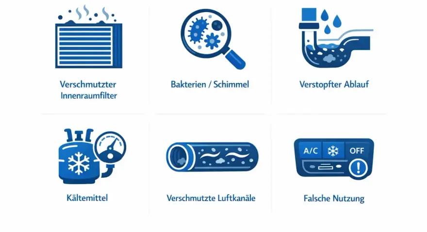Icons zeigen Probleme mit der Klimaanlage: verschmutzter Filter, Bakterien, verstopfter Ablauf, Kältemittel, schmutzige Kanäle und falsche Nutzung. Klimaanlagen Desinfektion Auto ist wichtig.