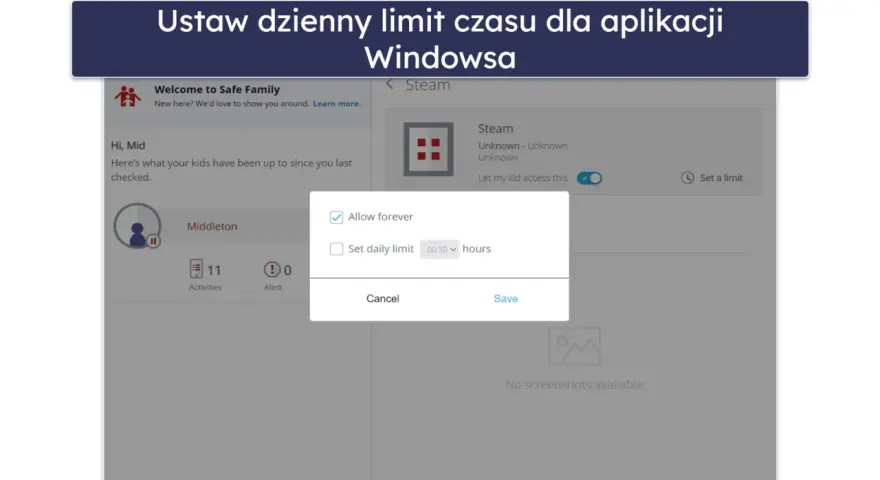 Ustawienia kontroli rodzicielskiej Windows: okno dialogowe pozwala na ustawienie dziennego limitu czasu dla aplikacji Steam lub zezwolenie na dostęp na stałe.