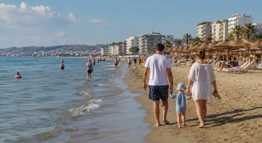 Rodzina spaceruje po piaszczystej plaży Durres Plaza. W tle widać morze, budynki i parasole plażowe.