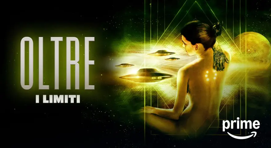 La donna nuda, con simboli luminosi sulla schiena, è circondata da UFO. Un poster per il loop film "Oltre i Limiti".