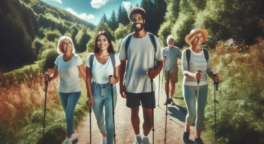 Grupa przyjaciół cieszy się spacerem z kijkami. Nordic walking to świetny sposób na spalanie kcal i poprawę kondycji na łonie natury.