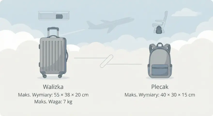 Co to znaczy walizka kabinowa? Ilustracja porównuje wymiary walizki (55x38x20 cm, 7 kg) i plecaka (40x30x15 cm) na tle samolotu i chmur.