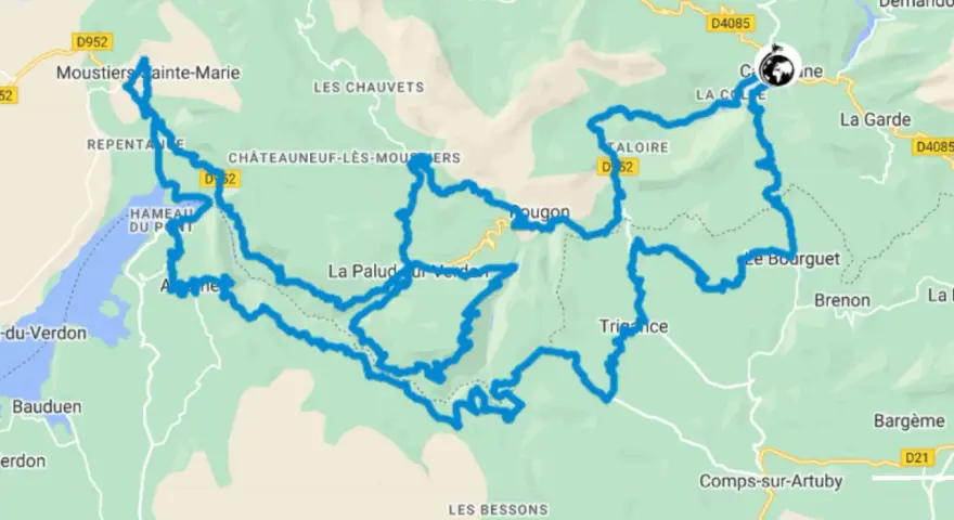 Mappa con itinerari moto Francia, un percorso tortuoso tra Moustiers-Sainte-Marie e Trigance, attraverso gole e villaggi pittoreschi.