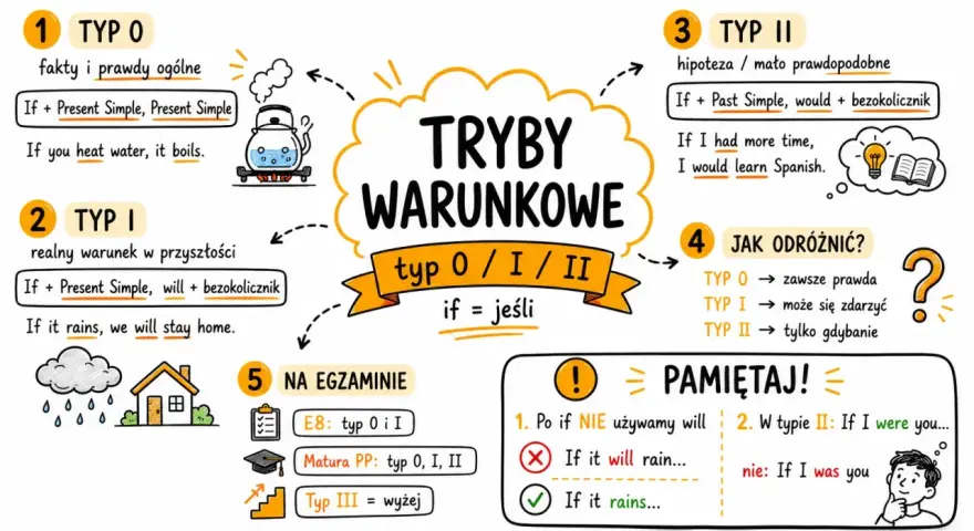 Mind map o trybach warunkowych (typ 0, I, II) w języku angielskim. Wyjaśnia zasady tworzenia zdań z "if" i podaje przykłady, np. "If you heat water, it boils" (odmiana got.).