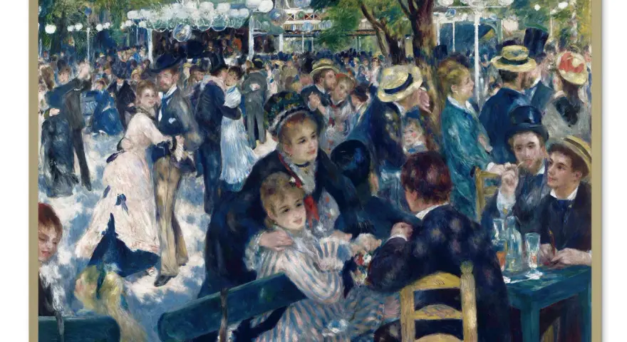 Tłum ludzi bawi się na świeżym powietrzu, tańcząc i siedząc przy stolikach. Widać radosną atmosferę balu w Moulin de la Galette.