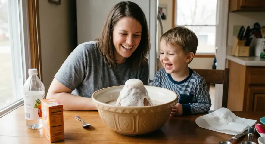 Mama i syn śmieją się, obserwując wulkan z piany podczas eksperymentów z sodą.