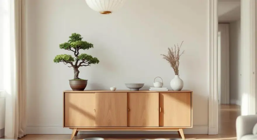 Un salon à l'inspiration japonaise avec un buffet en bois clair, un bonsaï, des vases et une lanterne.