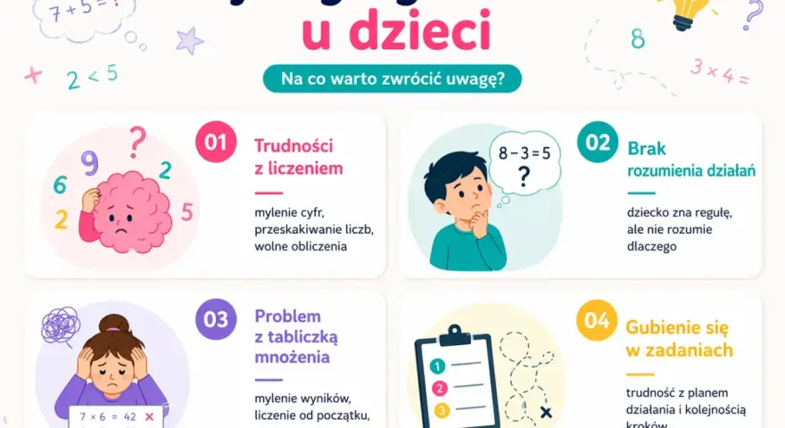 Objawy dyskalkulii u dzieci: trudności z liczeniem, brak rozumienia działań, problem z tabliczką mnożenia, gubienie się w zadaniach. Test na dyskalkulię.
