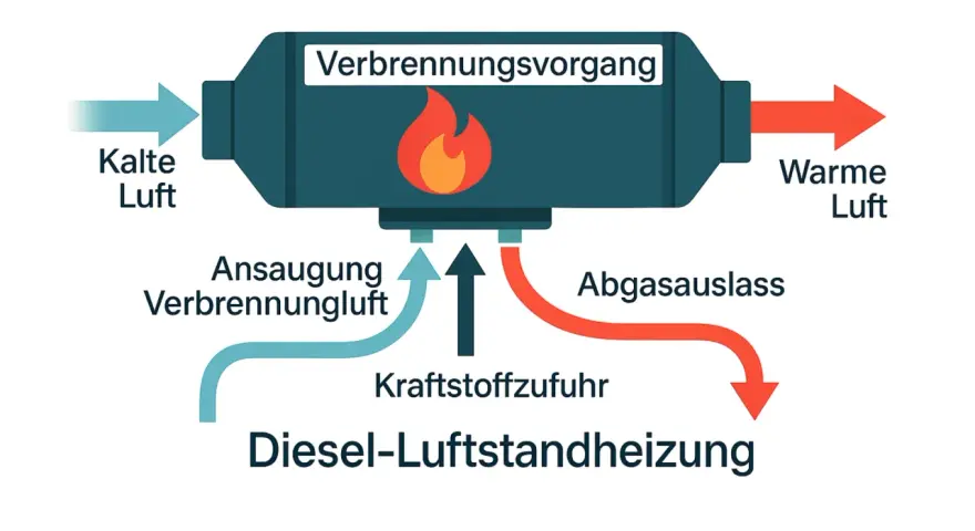 Schema zeigt, wie funktioniert eine Standheizung im Auto: Kalte Luft wird angesaugt, verbrannt und als warme Luft ausgeblasen. Kraftstoff wird zugeführt.