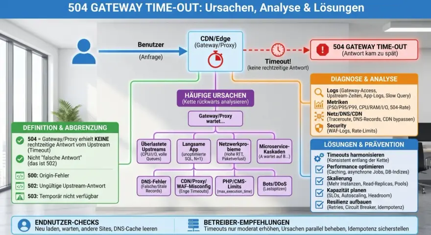 Diagramm zeigt Ursachen & Lösungen für 504 Gateway Time-Out. Analyse von Logs, Metriken und Netzwerk hilft bei der Fehlerbehebung.