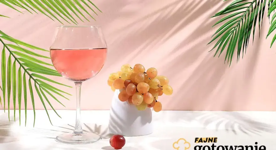 Szklanka z różowym napojem, kiść jasnych winogron i pojedyncze czerwone winogrono. W tle liście palmowe i różowa ściana.