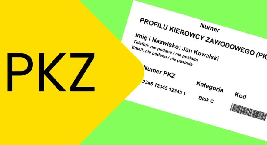 Duży napis PKZ obok dokumentu Profilu Kierowcy Zawodowego.