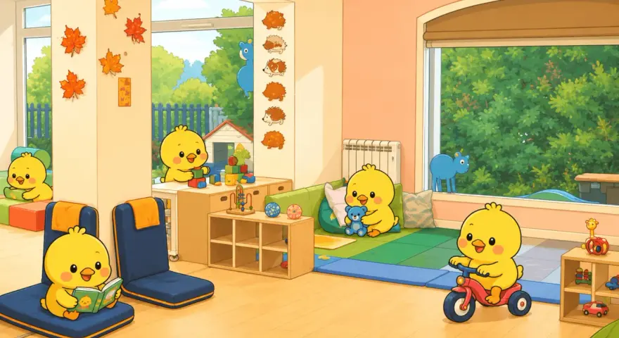 Des poussins mignons jouent dans une garderie colorée, l'un lit, l'autre sur un tricycle.