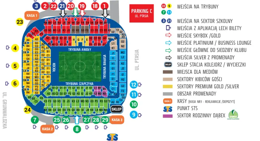 Schemat stadionu Lecha Poznań z lokalizacją kas i wejść. Sprawdź cennik biletów i planuj wizytę!