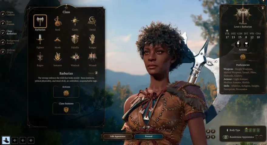 Interfaz de Baldur's Gate 3: selección de clase Bárbaro, una de las mejores clases Baldur's Gate 3.