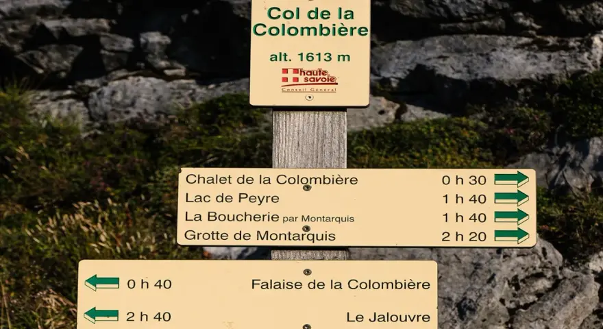 Panneau indicateur au Col de la Colombière (alt. 1613m), indiquant des sentiers et leurs temps de parcours. Un dénivelé est la différence d'altitude entre deux points.