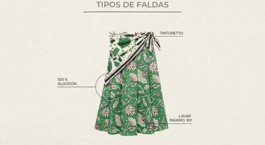 Falda envolvente de algodón 100% con estampado floral en verde y blanco. Explora diversos tipos de faldas para tu guardarropa.