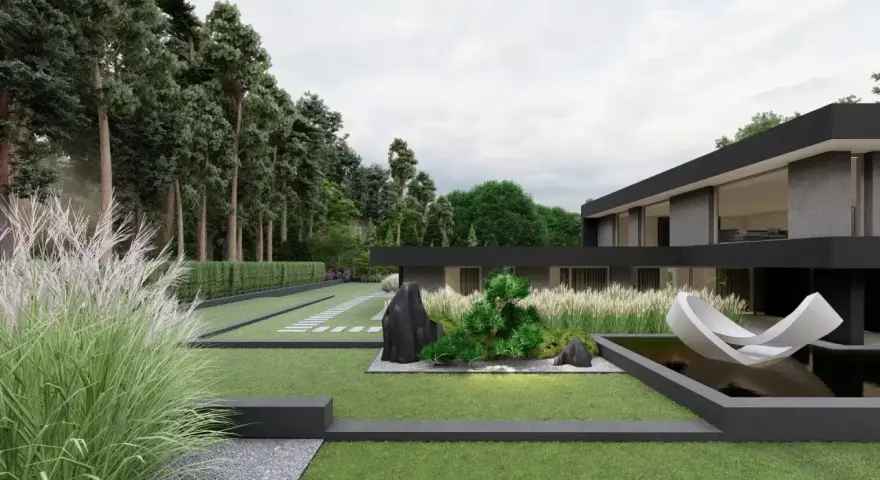 Nowoczesny ogród z trawami, kamieniami i rzeźbą w stawie. Dom o minimalistycznej architekturze otoczony zielenią.